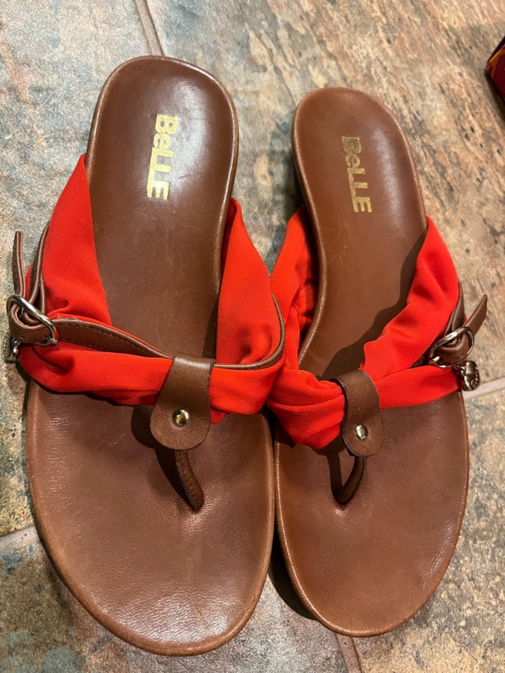 Elle Brown Leather Sandals with Red Fabric Straps